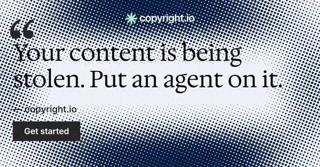 Social ad for copyright.io: "Reposts don't remove themselves." Swiss style, quote layout, light palette in grey, blue, white.