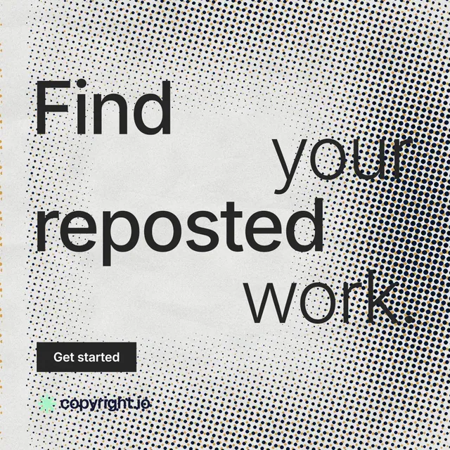 Instagram post for copyright.io: "Find your reposted work." Retro print style, stacked layout, light palette in grey, white.