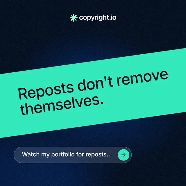 Instagram post for copyright.io: "Reposts don't remove themselves." Agentic glass style, diagonal layout, dark palette in teal, black.