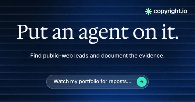 Social ad for copyright.io: "Put an agent on it." Agentic glass style, centred layout, dark palette in blue, black, grey.