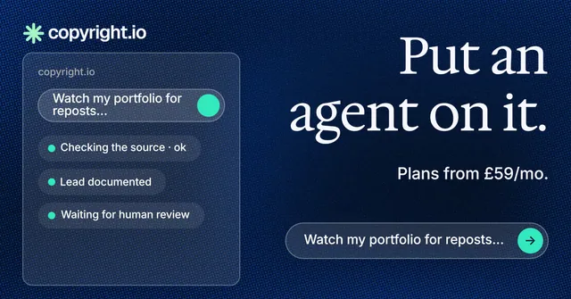 Social ad for copyright.io: "Put an agent on it." Agentic glass style, right layout, dark palette in blue, black.