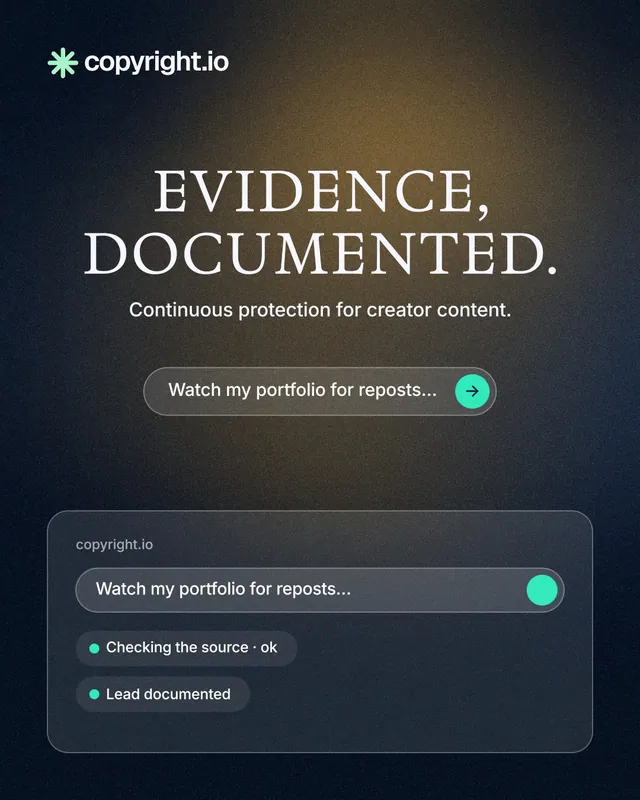 Instagram portrait post for copyright.io: "Evidence, documented." Agentic glass style, centred layout, dark palette in blue, black, grey.