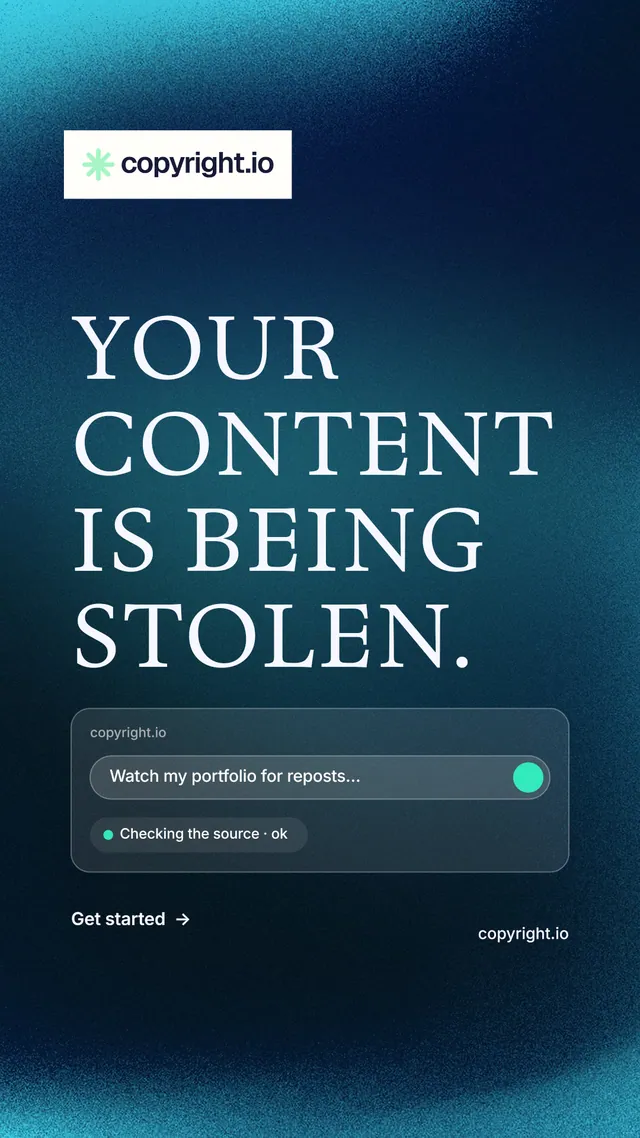 Instagram story for copyright.io: "Your content is being stolen." Minimal luxury style, poster layout, dark palette in black, blue, teal.