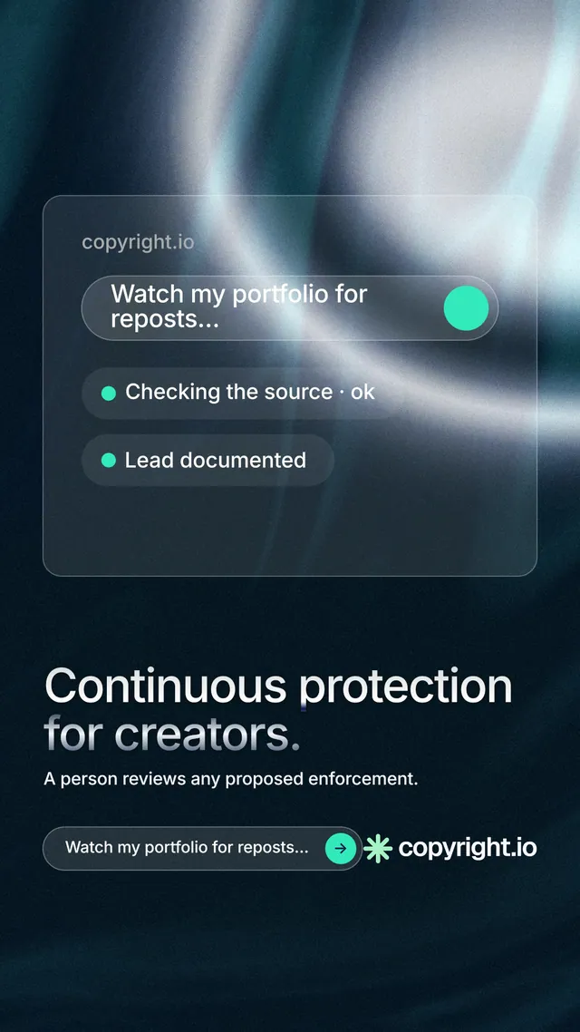 Instagram story for copyright.io: "Continuous protection for creators." Agentic glass style, bottom layout, dark palette in black, blue, grey.