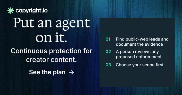 Social ad for copyright.io: "Put an agent on it." Minimal luxury style, skeleton layout, dark palette in blue, black.