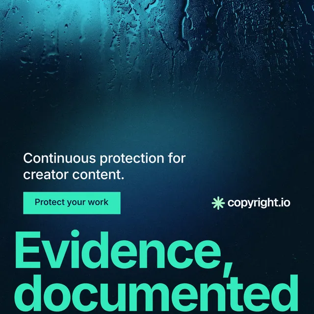 Instagram post for copyright.io: "Find your reposted work." Swiss style, oversized layout, dark palette in black, blue, teal.