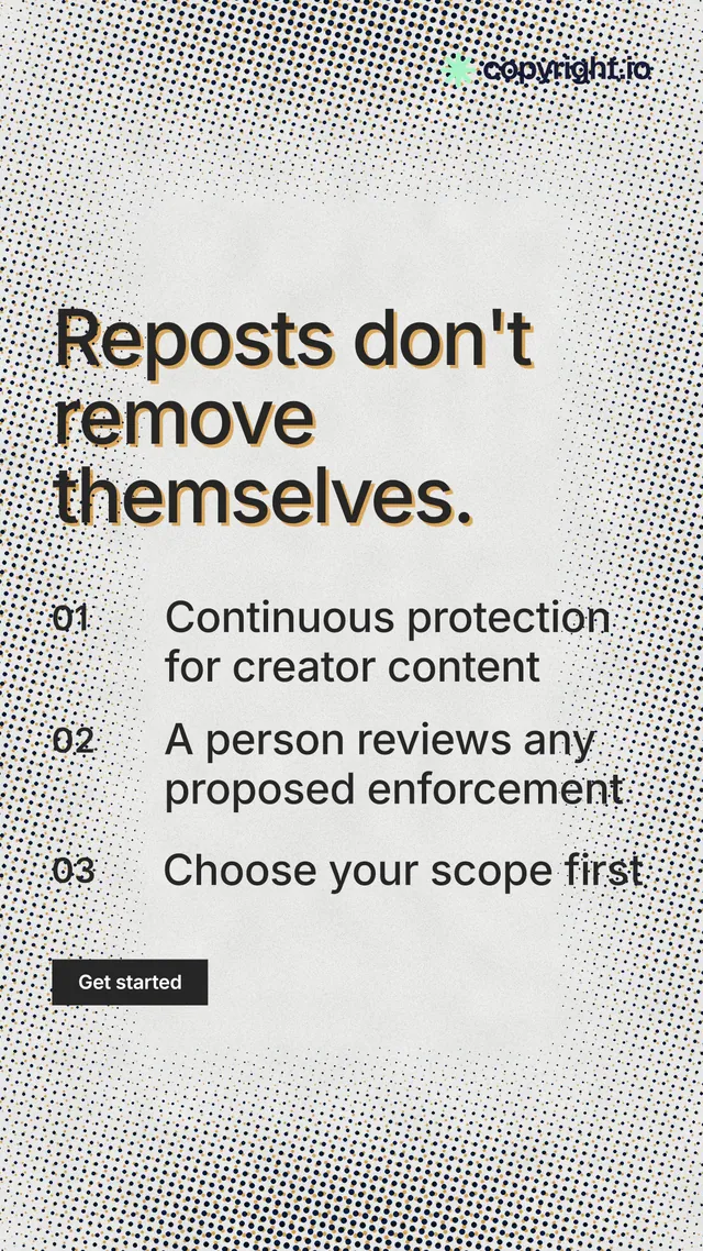 Instagram story for copyright.io: "Reposts don't remove themselves." Swiss style, numbered layout, light palette in grey, white.