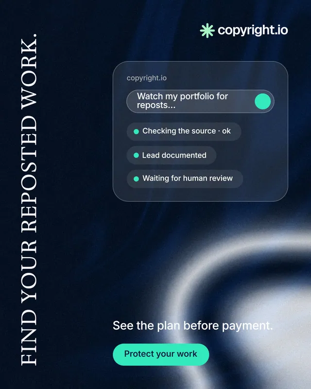 Instagram portrait post for copyright.io: "Find your reposted work." Y2K style, vertical layout, dark palette in blue, black, grey.