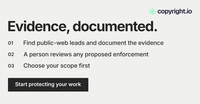 Social ad for copyright.io: "Evidence, documented." Swiss style, numbered layout, light palette in white, grey.