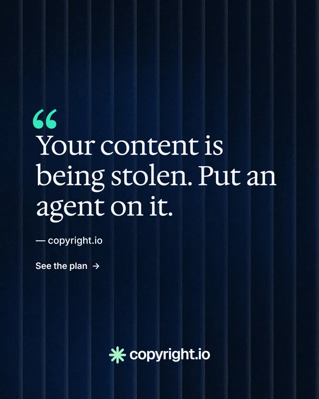 Instagram portrait post for copyright.io: "Continuous protection for creators." Minimal luxury style, quote layout, dark palette in black, blue.