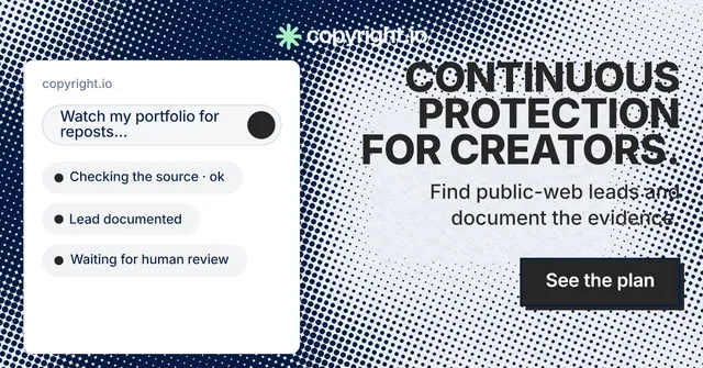 Social ad for copyright.io: "Continuous protection for creators." Brutalist style, right layout, light palette in grey, blue, white.
