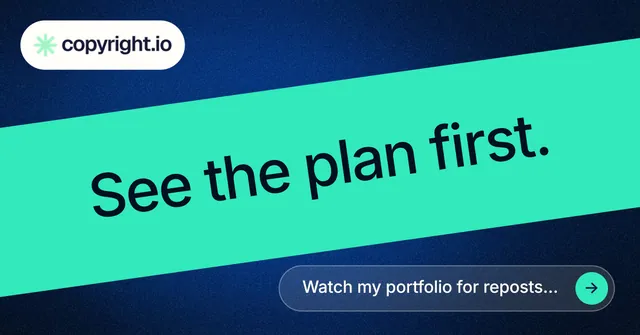 Social ad for copyright.io: "See the plan first." Agentic glass style, diagonal layout, light palette in teal, blue.