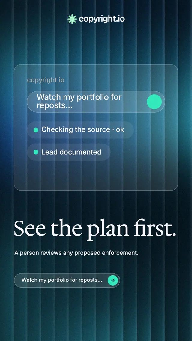 Instagram story for copyright.io: "See the plan first." Agentic glass style, bottom layout, dark palette in blue, black.