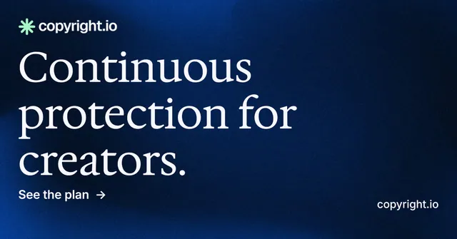 Social ad for copyright.io: "Continuous protection for creators." Minimal luxury style, poster layout, dark palette in blue, black, grey.