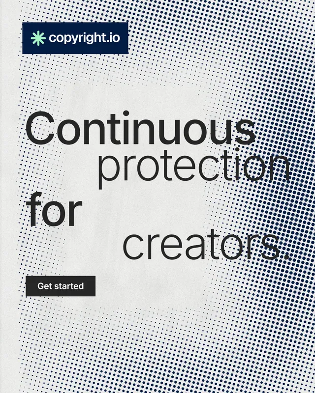 Instagram portrait post for copyright.io: "Continuous protection for creators." Retro print style, stacked layout, light palette in grey, white.