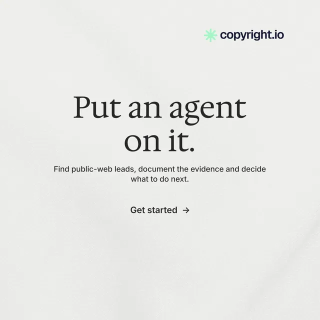 Instagram post for copyright.io: "Put an agent on it." Minimal luxury style, centred layout, light palette in white.