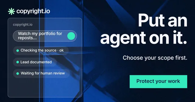 Social ad for copyright.io: "Put an agent on it." Swiss style, right layout, dark palette in black, blue, teal.