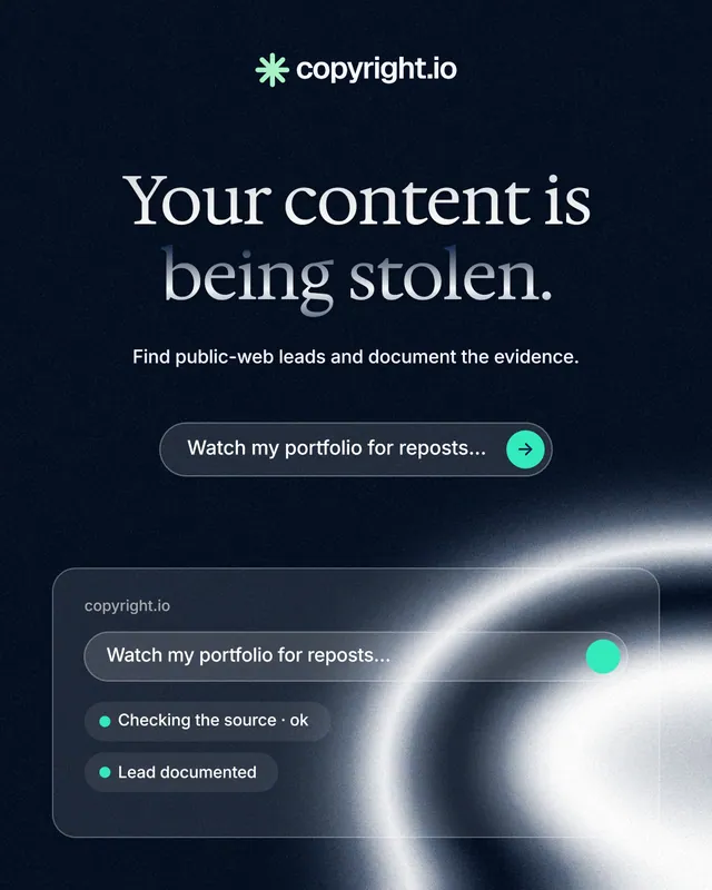 Instagram portrait post for copyright.io: "Your content is being stolen." Agentic glass style, centred layout, dark palette in black, blue, grey.
