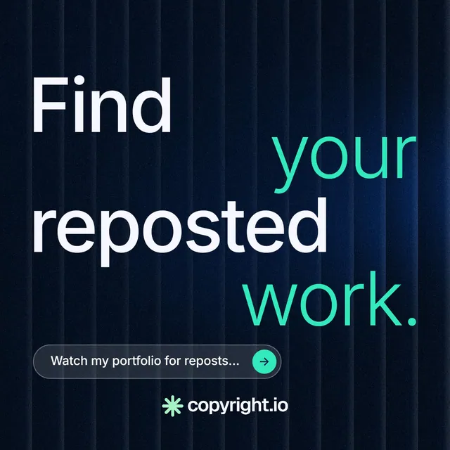 Instagram post for copyright.io: "Find your reposted work." Agentic glass style, stacked layout, dark palette in black, blue, grey.