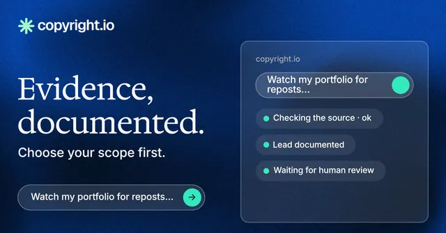 Social ad for copyright.io: "Evidence, documented." Agentic glass style, bottom layout, dark palette in blue.
