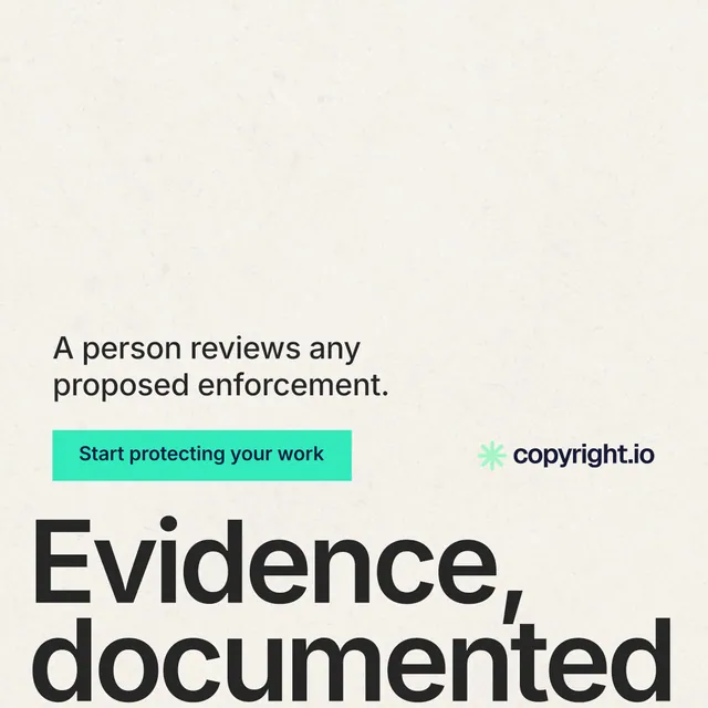 Instagram post for copyright.io: "Evidence, documented." Swiss style, oversized layout, light palette in white, grey.