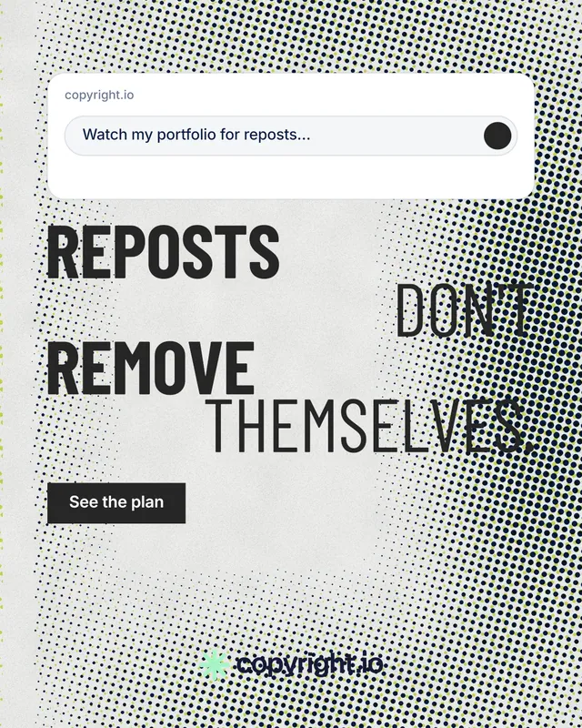Instagram portrait post for copyright.io: "Reposts don't remove themselves." Retro print style, stacked layout, light palette in grey, white.