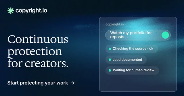 Social ad for copyright.io: "Continuous protection for creators." Minimal luxury style, bottom layout, dark palette in blue, black.