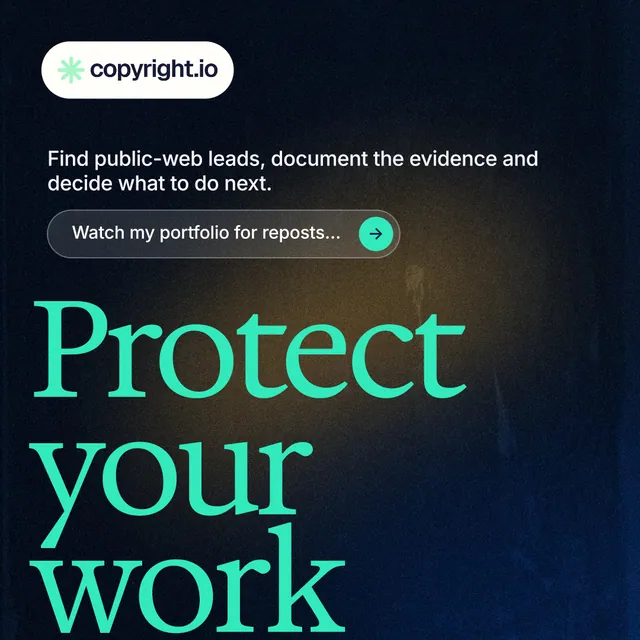 Instagram post for copyright.io: "See the plan first." Agentic glass style, oversized layout, dark palette in black, blue, teal.