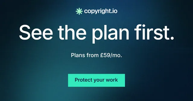 Social ad for copyright.io: "See the plan first." Swiss style, centred layout, dark palette in black, blue, teal.