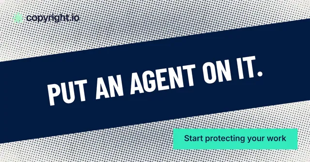 Social ad for copyright.io: "Put an agent on it." Retro print style, diagonal layout, light palette in blue, white, teal.