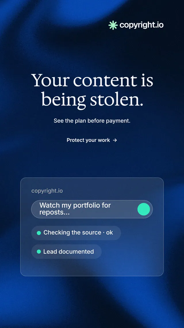 Instagram story for copyright.io: "Your content is being stolen." Minimal luxury style, centred layout, dark palette in blue, black.