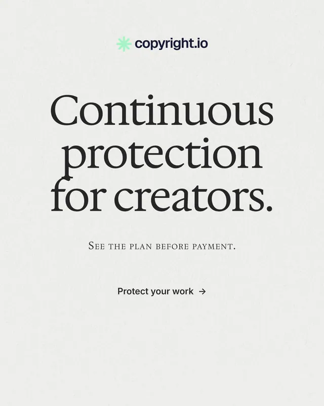Instagram portrait post for copyright.io: "Continuous protection for creators." Minimal luxury style, smallcaps layout, light palette in white, grey.