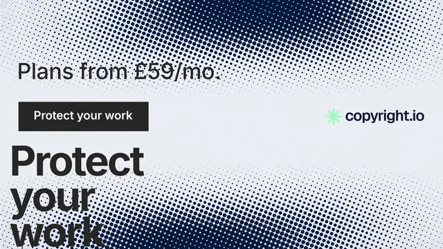 Landscape graphic for copyright.io: "Find your reposted work." Swiss style, oversized layout, light palette in blue, grey, white.