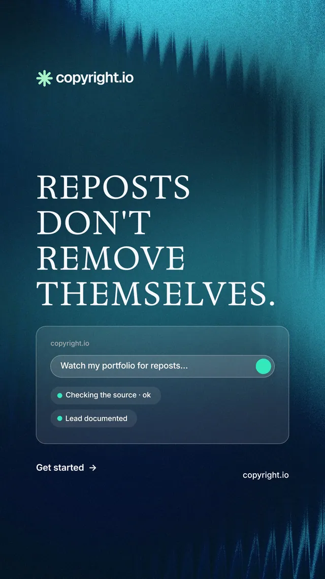 Instagram story for copyright.io: "Reposts don't remove themselves." Minimal luxury style, poster layout, dark palette in blue, black, teal.