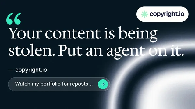 Landscape graphic for copyright.io: "Find your reposted work." Agentic glass style, quote layout, dark palette in black, grey, blue.