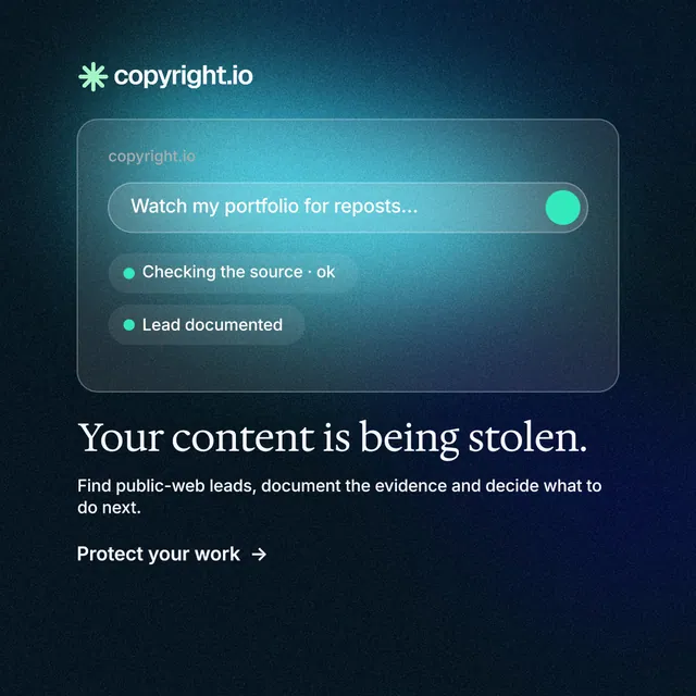 Instagram post for copyright.io: "Your content is being stolen." Minimal luxury style, bottom layout, dark palette in black, blue, teal.