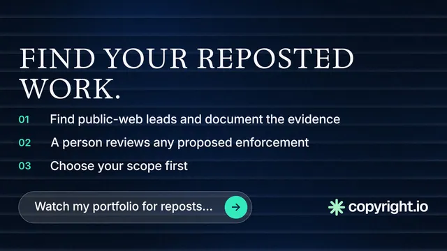 Landscape graphic for copyright.io: "Find your reposted work." Agentic glass style, numbered layout, dark palette in black, blue.