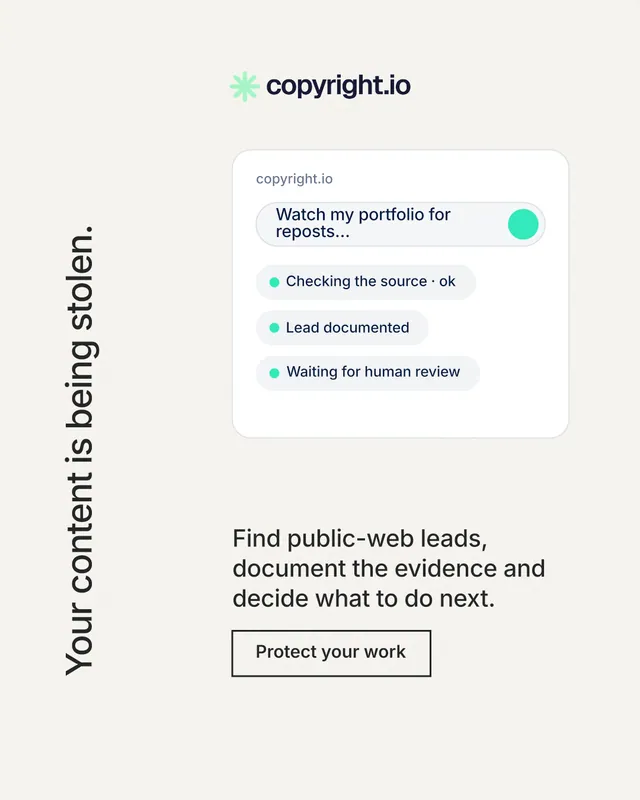Instagram portrait post for copyright.io: "Your content is being stolen." Editorial style, vertical layout, light palette in white.