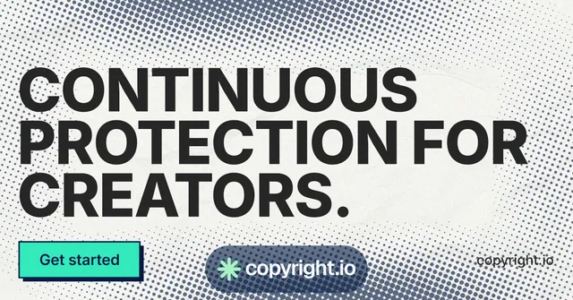 Social ad for copyright.io: "Continuous protection for creators." Brutalist style, poster layout, light palette in grey, white.