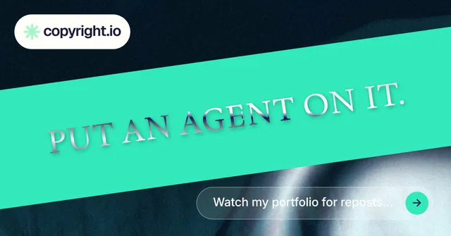 Social ad for copyright.io: "Put an agent on it." Agentic glass style, diagonal layout, light palette in teal, black.
