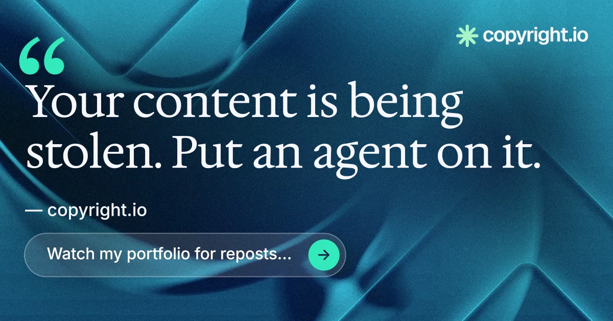 Social ad for copyright.io: "Continuous protection for creators." Agentic glass style, quote layout, dark palette in blue, teal.