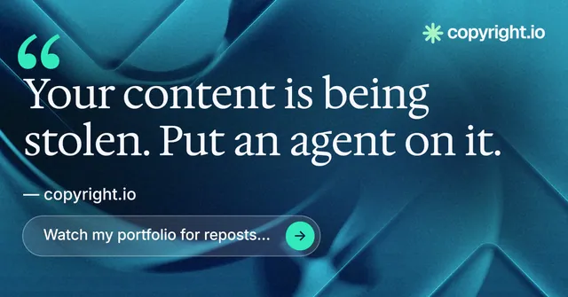 Social ad for copyright.io: "Continuous protection for creators." Agentic glass style, quote layout, dark palette in blue, teal.