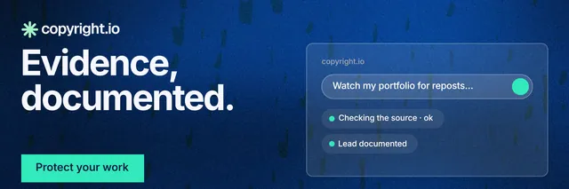 X header for copyright.io: "Evidence, documented." Swiss style, bottom layout, dark palette in blue, teal.