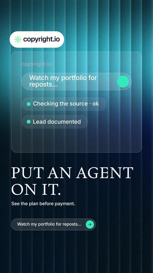 Instagram story for copyright.io: "Put an agent on it." Agentic glass style, bottom layout, dark palette in teal, black, blue.