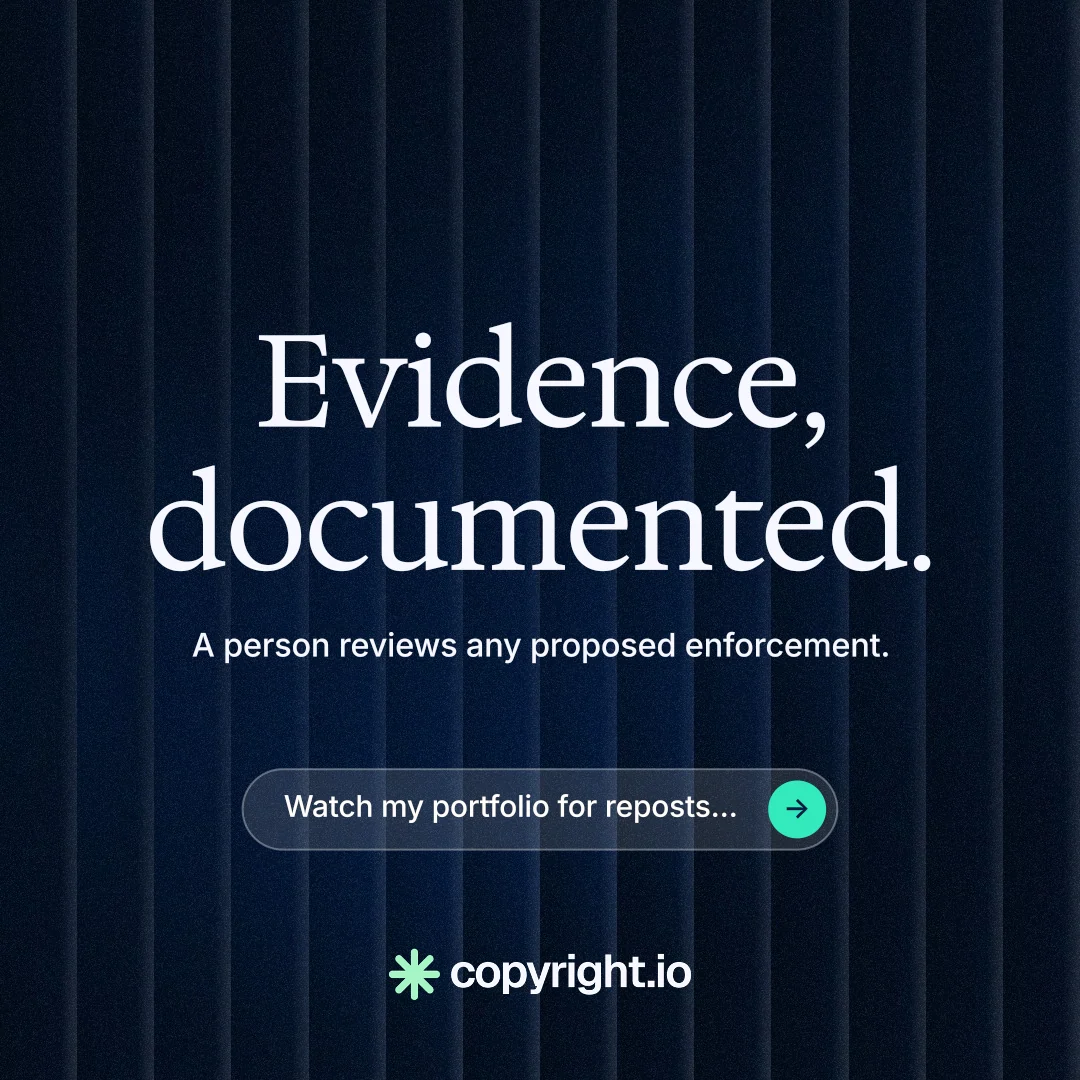 Instagram post for copyright.io: "Evidence, documented." Agentic glass style, centred layout, dark palette in black, blue, grey.