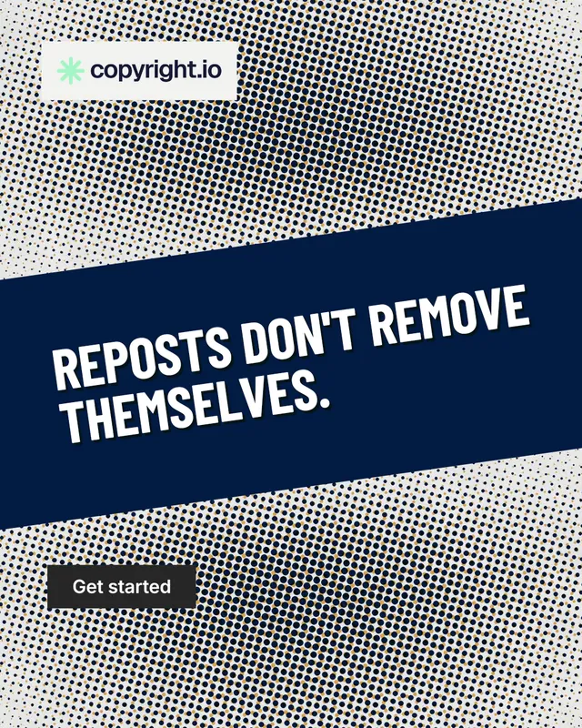 Instagram portrait post for copyright.io: "Reposts don't remove themselves." Retro print style, diagonal layout, light palette in blue, grey, white.