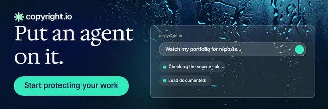 X header for copyright.io: "Put an agent on it." Agentic glass style, skeleton layout, dark palette in blue, teal, black.