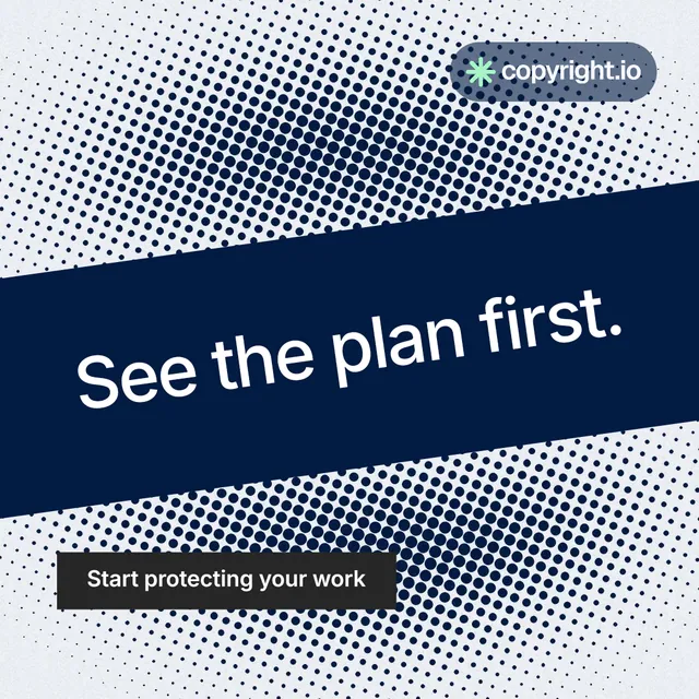 Instagram post for copyright.io: "See the plan first." Retro print style, diagonal layout, light palette in blue, grey.