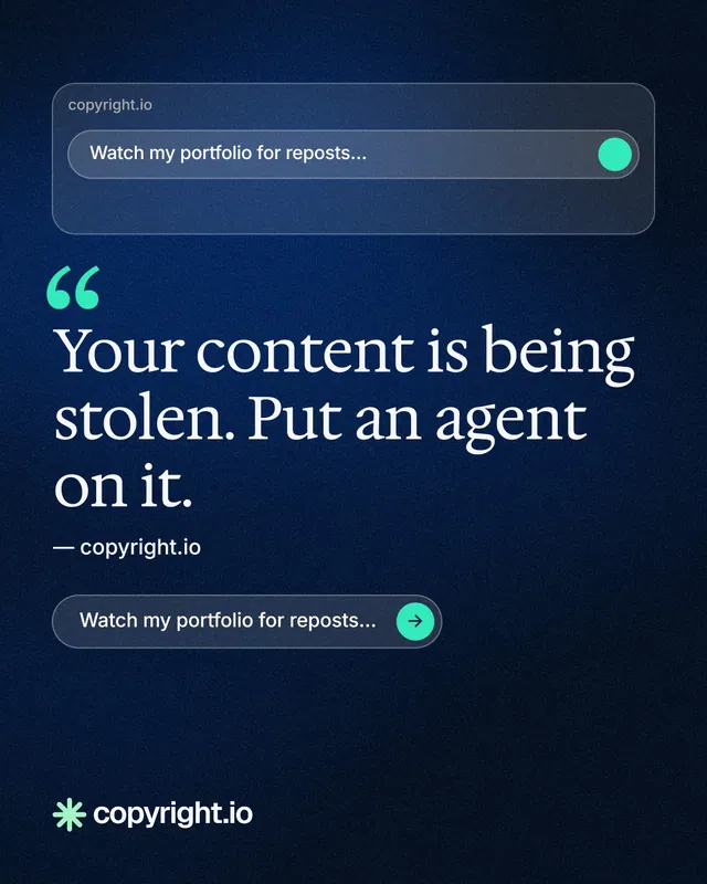 Instagram portrait post for copyright.io: "Reposts don't remove themselves." Agentic glass style, quote layout, dark palette in black, blue.