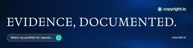 LinkedIn banner for copyright.io: "Evidence, documented." Agentic glass style, poster layout, dark palette in blue, black.
